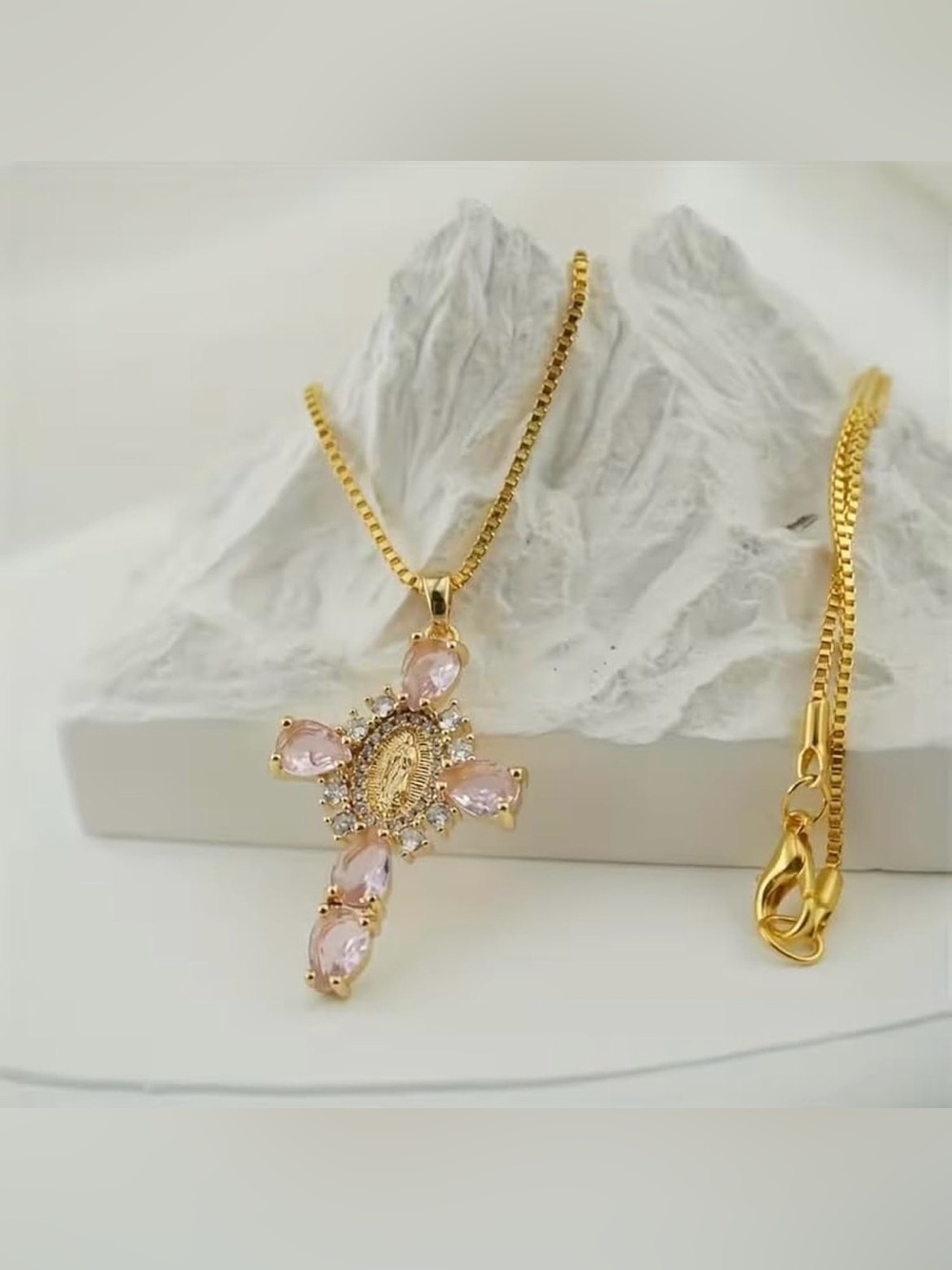 Virgin Mary Cubic Zircinia Cross Pendant Necklace with Pink Stones .